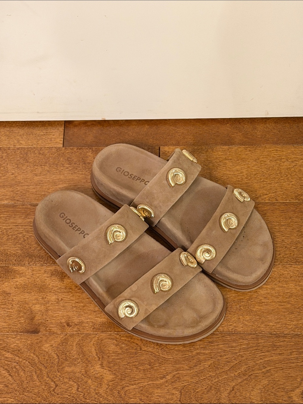 Gioseppo Women’s Tan Suede Double-Strap Slide Sandals with Gold Shell Accents